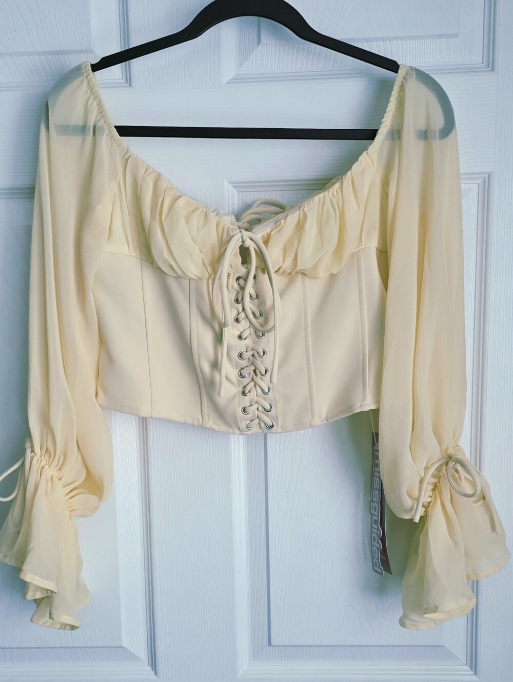 NWT Missguided Butter Yellow Milkmaid Corset Top Off Shoulder Ruffle Bell Sleeve